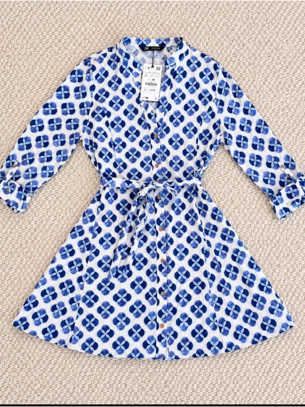 NWT Zara Blue White Floral Print Belted Mini Shirt Dress Size L